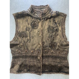 Flashback Brown Boho Embroidered Lace Sequins Vest Large Cotton-Viscose Blend